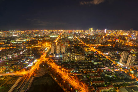 City view of Tianjin China at night, Tianjin urban landscapeの写真素材