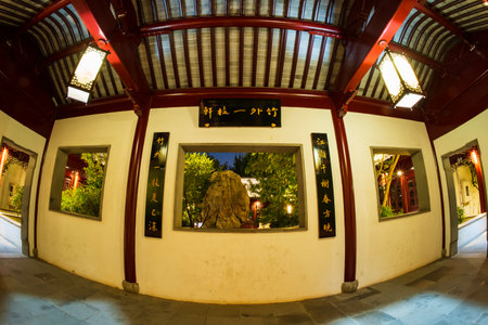 Chinese traditional buildings at night, Night at traditional Chinese architecture, jiangnan pavilionsの写真素材