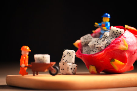 Miniature farmer models and pitayas