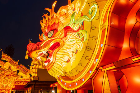 Chinese festive lanterns at night, Chinese traditional lanterns at nightの写真素材