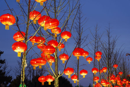 Chinese festive lanterns at night, Chinese traditional lanterns at nightの写真素材