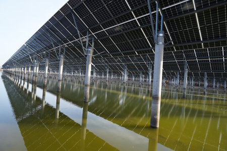 Solar photovoltaic panels on the water, solar photovoltaic system, photovoltaic power systemの写真素材