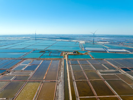 View of the salt field, aerial photo of the salt fieldの写真素材