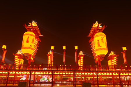 Chinese festive lanterns at night, Chinese traditional lanterns at nightの写真素材