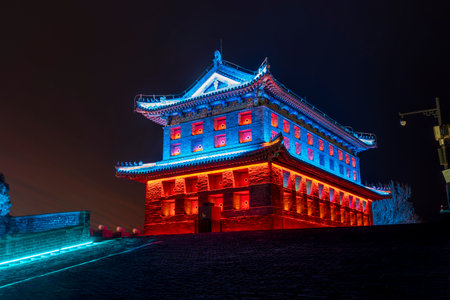 Shanhaiguan Great Wall at night, the great wall of shanhaiguan pass in china, The word in the photo translates as "Shanhaiguan"の写真素材