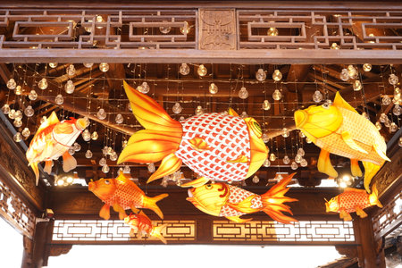 Chinese festive lanterns at night, Chinese traditional lanterns at nightの写真素材