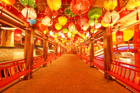 Chinese festive lanterns at night, Chinese traditional lanterns at nightの写真素材