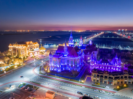 European-style buildings at night, beautiful castles at night, castles by the sea at night.の写真素材