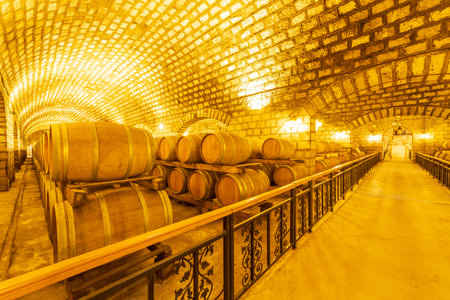 Wine Cellar with Wooden Barrels, Wine oak barrels in wine cellars, Wine barrels stacked in the...