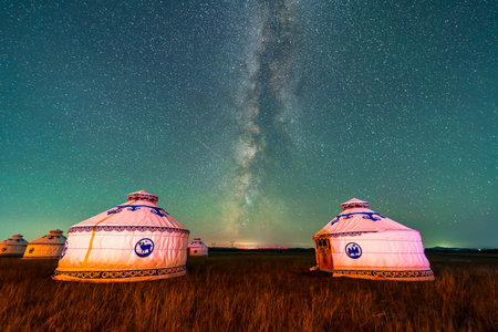 Yurts under the stars, yurts under the Milky Way, yurts at night