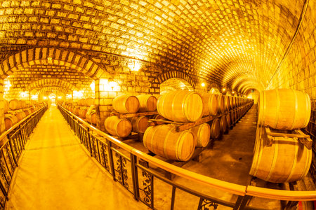 Wine Cellar with Wooden Barrels, Wine oak barrels in wine cellars, Wine barrels stacked in the...