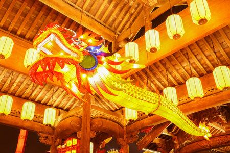 Chinese festive lanterns at night, Chinese traditional lanterns at nightの写真素材