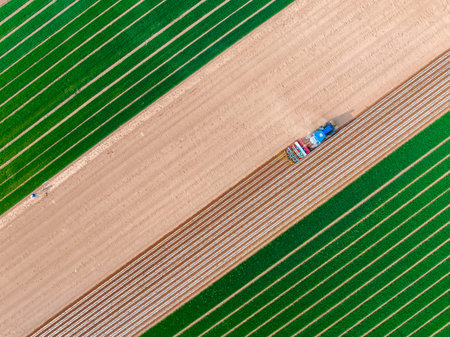 In spring, farmers use farm machinery to grow crops. Farmers use tractors to grow crops