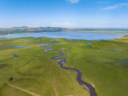 The river on the grassland, Drone aerial photographyの写真素材