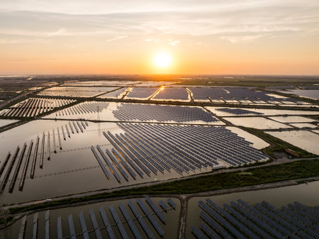 Solar photovoltaic panels on the water in the evening, solar photovoltaic system, photovoltaic power...