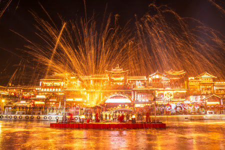 On February 8, 2024, an intangible cultural heritage performance is held at Hetou Old Street in Tangshan, Hebei province.の写真素材