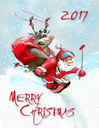 Greeting Merry Christmas card. Funny Santa Claus goes down on skis with polar deer on back.の写真素材