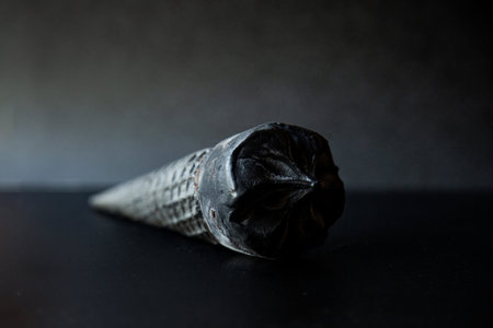 Black ice cream in black waffle cone on black background