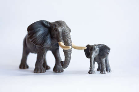 Toy figure elephant with a cub on a white backgroundの写真素材