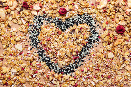 Heart shape made of granola and white and black sesame seeds on a beige background. Healthy food conceptの写真素材