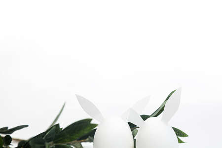Minimalistic Easter concept on a white background. White Easter eggs with bunny earsの写真素材