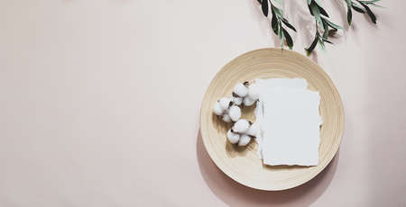 Summer still life scene with an olive branch and shadows on a delicate pink background. A blank sheet of paper with cotton flowers lies on a bamboo plate. Modern postcard layout.の写真素材