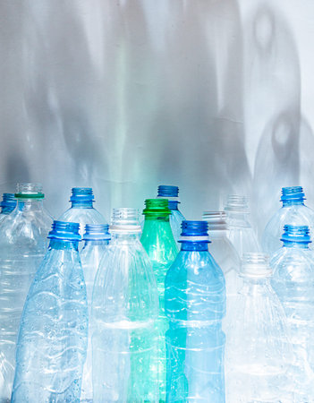 Various plastic bottles await dispatch for recycling. No plastic concept with copy spaceの写真素材