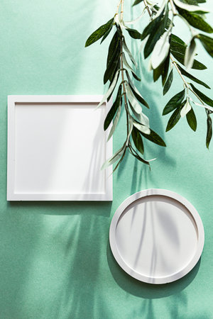 White empty poster frames. Summer photo mockup with intresting shadow on the light green background.