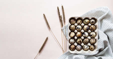 Minimalistic festive composition, quail eggs and dry field spikelets on a light pink background. Modern Easter holiday conceptの写真素材