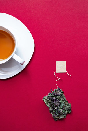 Minimal, creative concept of tea. Marjoram or oregano tea bag and a cup of herbal tea on a bright...