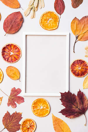 Creative layout of autumn leaves, dry oranges fruit slices and white photo frame. Flat lay, space for textの写真素材