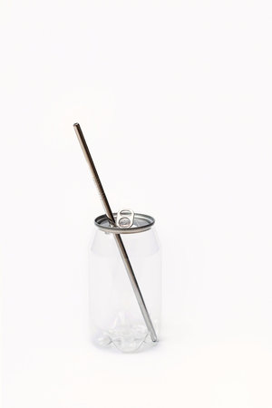 Blank transparent tin for beer or fizzy pop drink. Empty soda can with metal reusable straw, mockup....