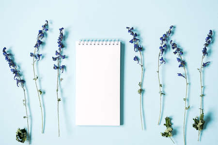 Blank notebook and dried flowers, stationery still life top view. Mockup of white spiral sketchbook.の写真素材