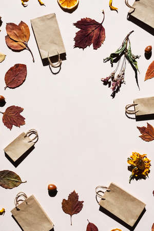 Creative layout of shopping bags, colored autumn leaves, dried flowers, acorns and dried orange slices.の写真素材