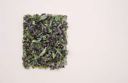 Dry origanum vulgare tea, close up. Organic, natural, dried oregano herb spice composition, view from above. Alternative herbal medicine. Healthy lifestyle concept.の写真素材