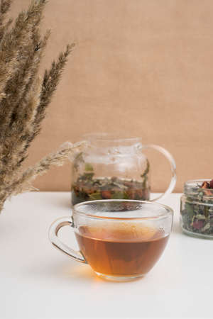 Glass teapot, cup of herbal tea with berries on white table. Still life of organic, natural berry tea, copy space.の写真素材
