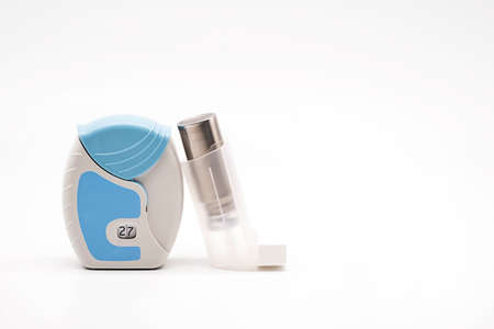 Different asthma inhalers. Aerosol for inhalation, treatment of bronchial asthma, COPD. Pharmaceutical product for treat lung inflammation and prevent asthma attack.の写真素材