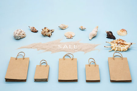 Summer sale concept, mockup promotion flyers. Creative layout of shopping bags, sale - word,...