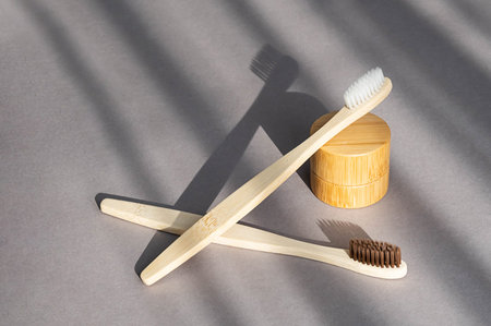 Natural zero waste bamboo toothbrushes. Toiletries, cosmetics for sustainable lifestyle.