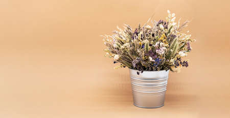 Beautiful dried flowers bouquet in vase against light background. Still life of withered flowers bouquet.の写真素材