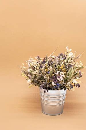Beautiful dried flowers bouquet in vase against light background. Still life of withered flowers bouquet.の写真素材