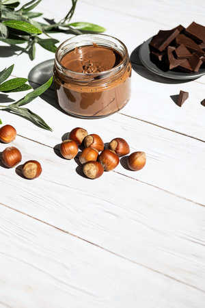 Jar of hazelnut butter, bunch of hazelnuts on white wooden table. Homemade hazelnut butter, natural,...