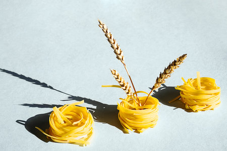 Uncooked pasta nest and ears of wheat. Creative composition of raw pasta on blue background.