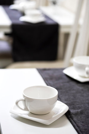Empty white tea set, cup, saucer and teapot on the table. Porcelain dishes, selective focus.の写真素材