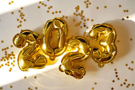 2023 number made from foil golden balloons. new year concept.