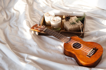 Christmas cozy morning at home. Gift box and eggnog on wooden tray near ukulele guitar on bed.の写真素材