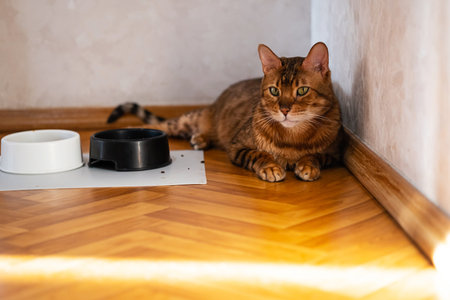 Funny cat lies near disorder cats food and bowl at home. pet care concept.