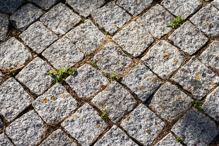 Stone pavement surface. Cobble stone road texture.の写真素材
