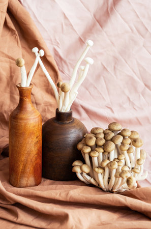 Mushroom aesthetic. Enokitake and shimeji mushrooms as flowers, creative still life.の写真素材