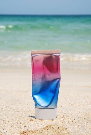 Used cosmetic sunscreen tube on sea shore.